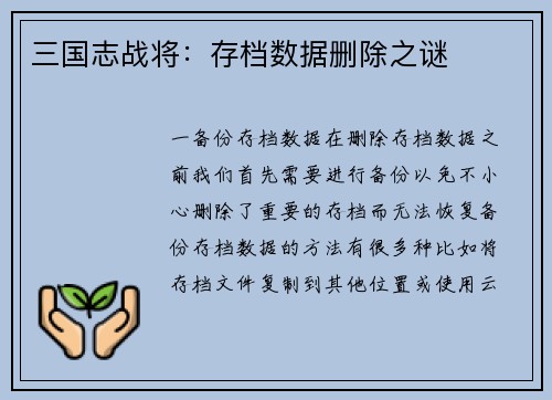 三国志战将：存档数据删除之谜